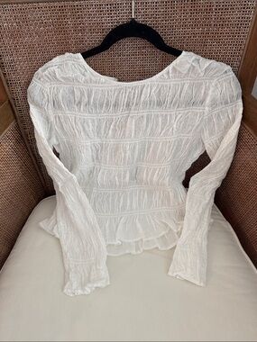 Frame Denim White Smocked Peplum Long-Sleeve Blouse